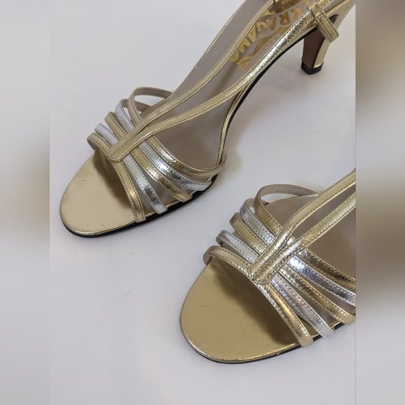 Salvatore Ferragamo Tiffany Slingback Strappy Gold Leather Sandals 8 Vintage - Picture 5 of 14